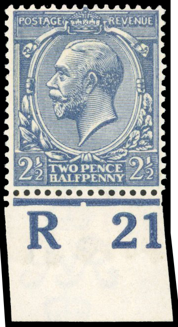 1920 2½d Dull Prussian blue (Wmk. Royal Cypher). Superb unmounted o.g. bottom marginal ‘R 21’ control