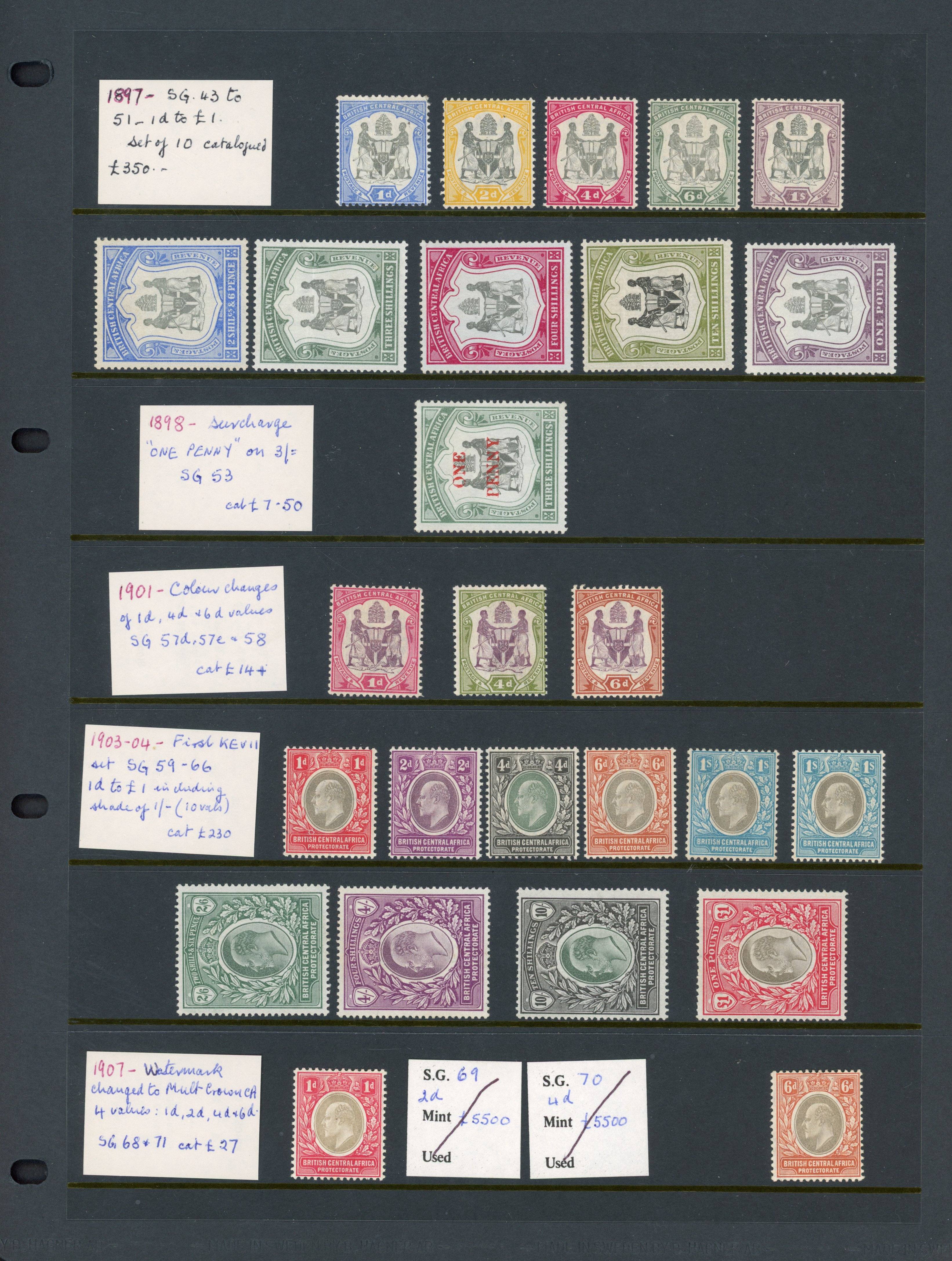 Nyasaland 1897-1907 mint selection arranged on a Hagner page