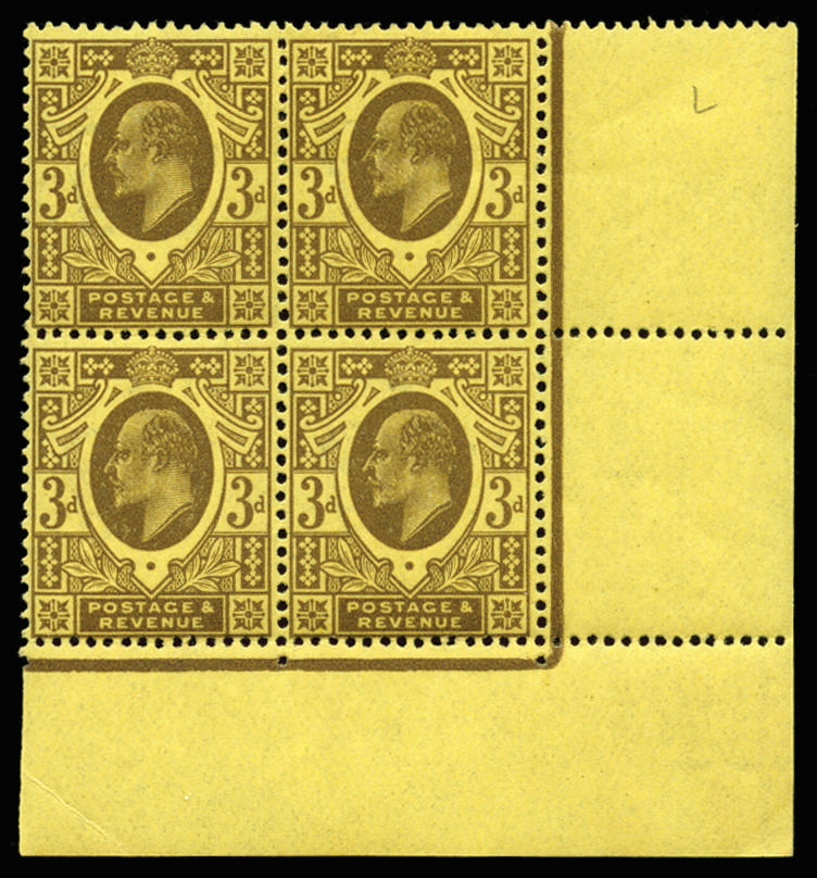 Great Britain 1911 3d Dull reddish purple/lemon (Perf. 15x14). Very fine right hand corner marginal block of four …