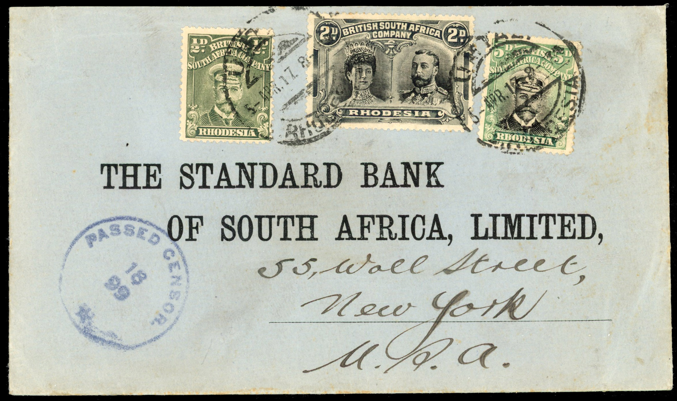 Rhodesia 1917 cover to USA with Admiral ½d and 5d, Double Head 2d