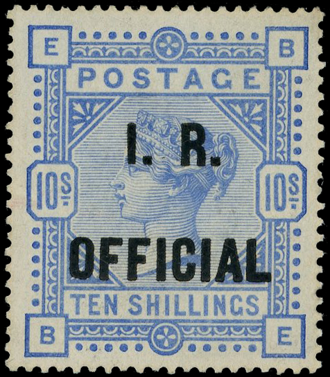 GB: 1890 10s ultramarine on white paper overprinted “I. R. OFFICIAL”, BPA certificate (2006) states unused