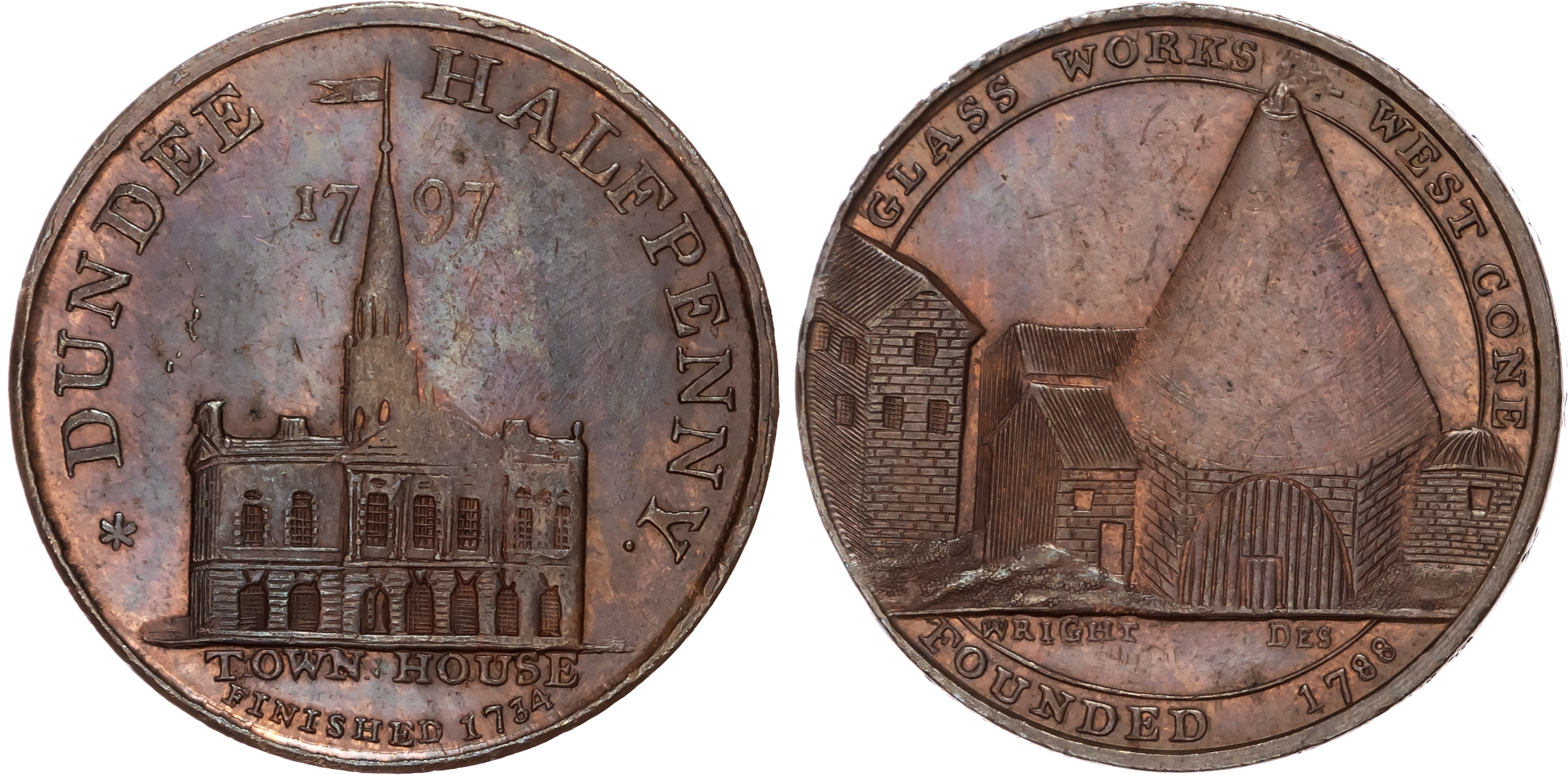 Angus. Dundee , John Pilmer (grocer), Wright’s halfpenny 1797, view of glassworks and cone, rev. View of town …