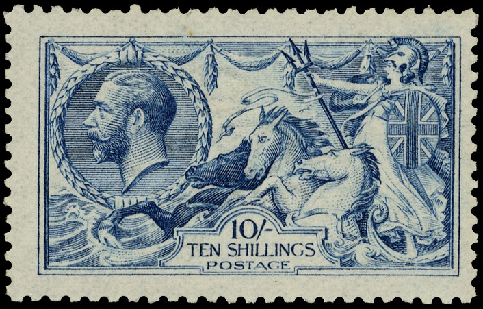 1915 10/- deep blue, large part o.g. fine. SG 411