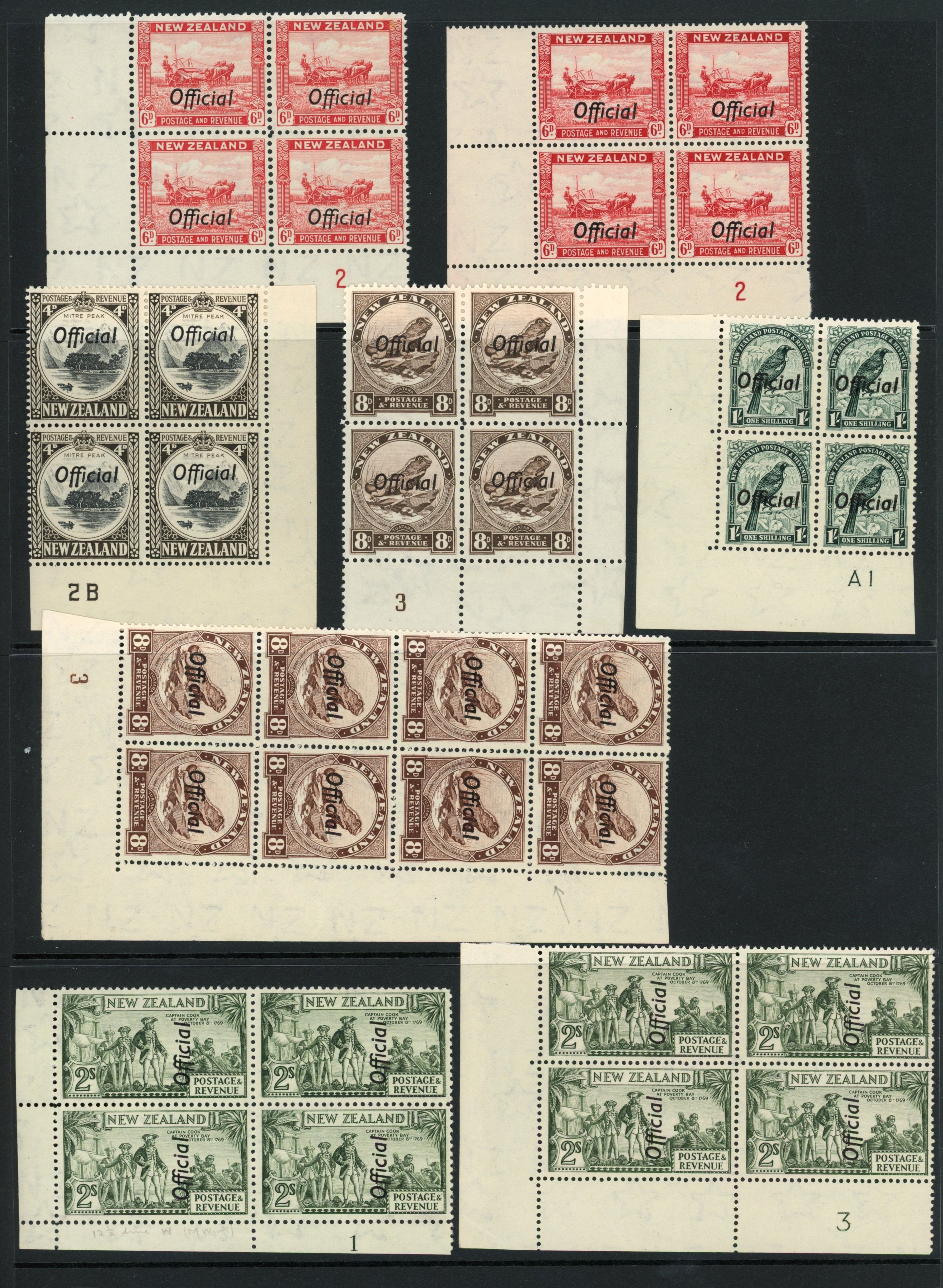 NZ SG O121/O132d Plate blocks mint
