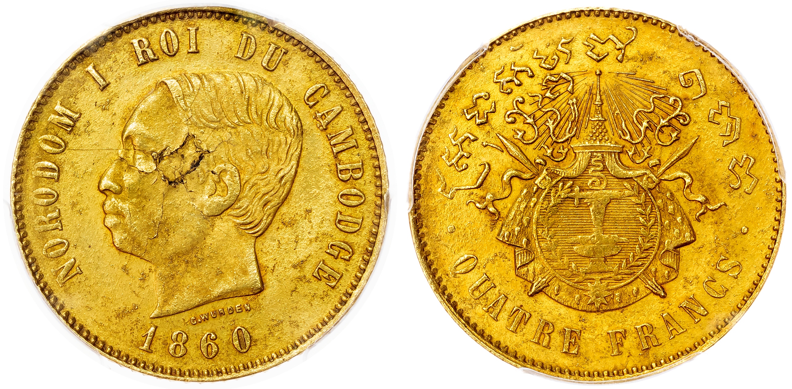 Cambodia, Norodom I (1860‑1904), gold Pattern 4 Francs, 1860 - AU Details