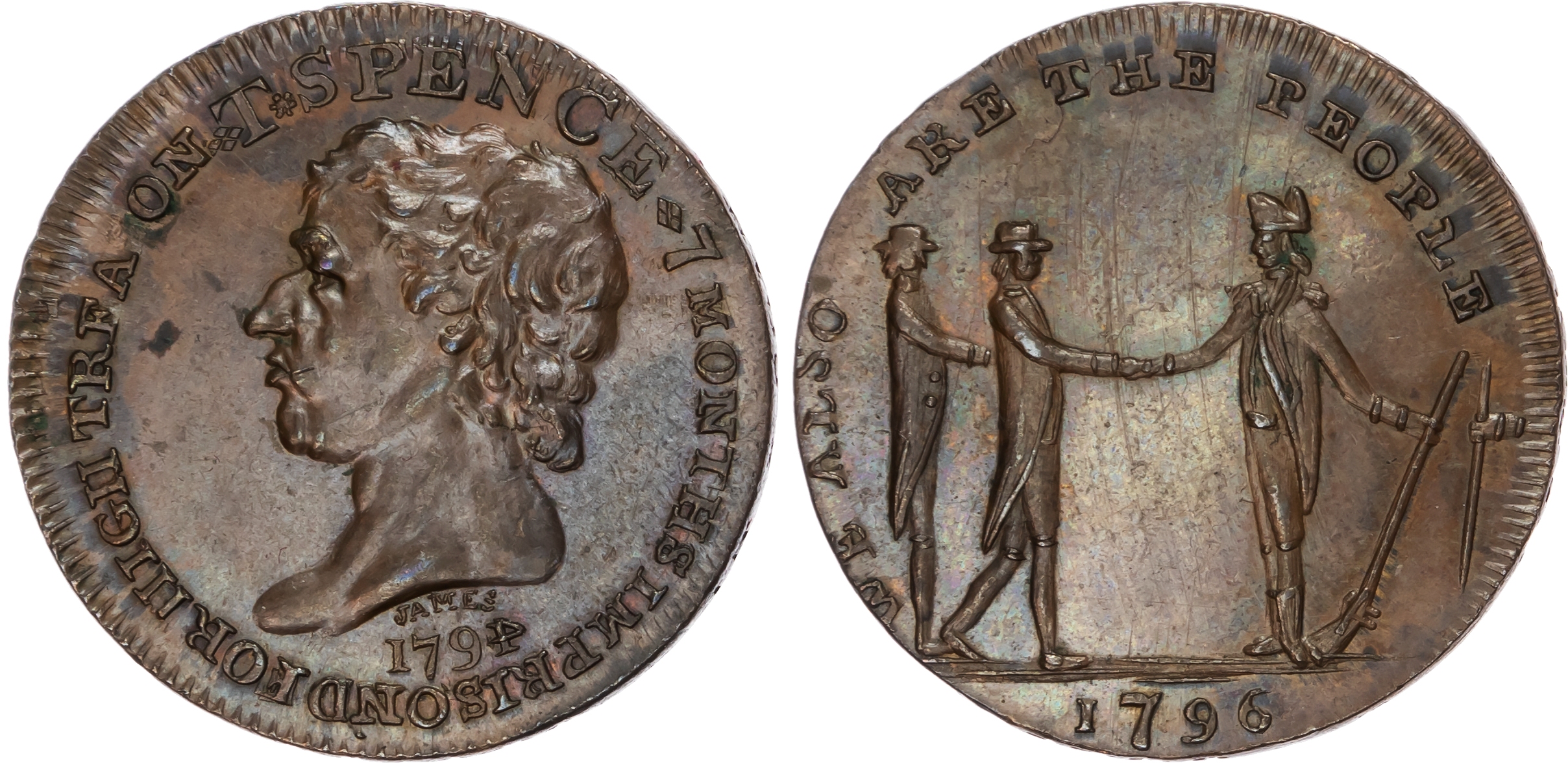 London, Holborn, Thomas Spence Halfpenny 1794, His bare bust left, rev. Officer shaking hands with two civilia…