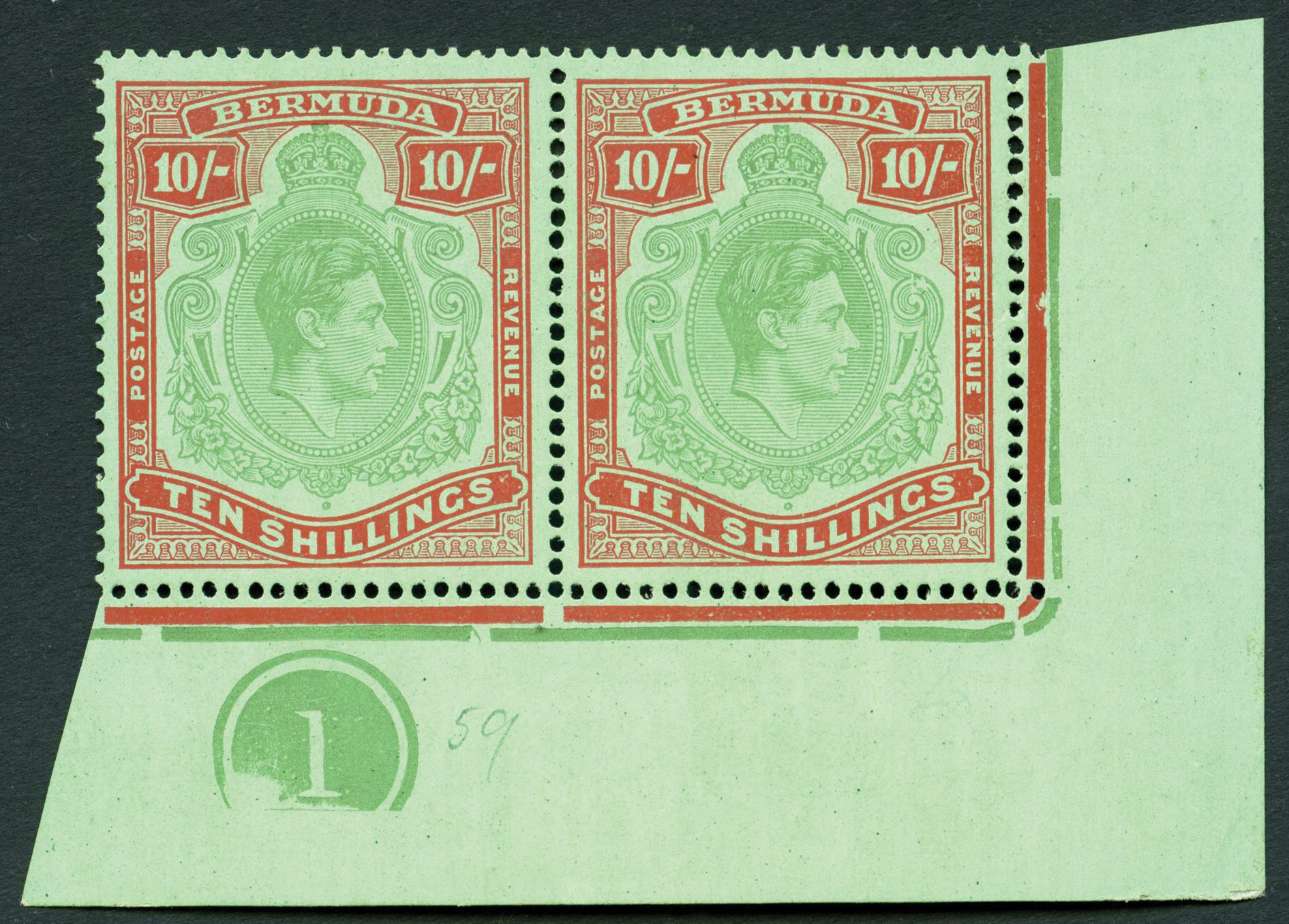 1943 (Mar.) 10/- yellowish green and deep carmine-red on green paper, mint corner pair with HPF #59ii repair to upper right...