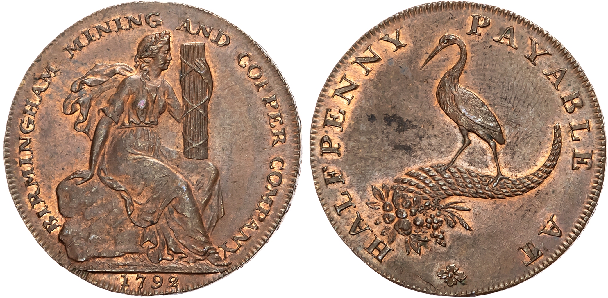 Warks. Birmingham , Birmingham Copper and Mining Co. Halfpenny 1792,  Commerce seated right holding fasces, rev. Stork a …