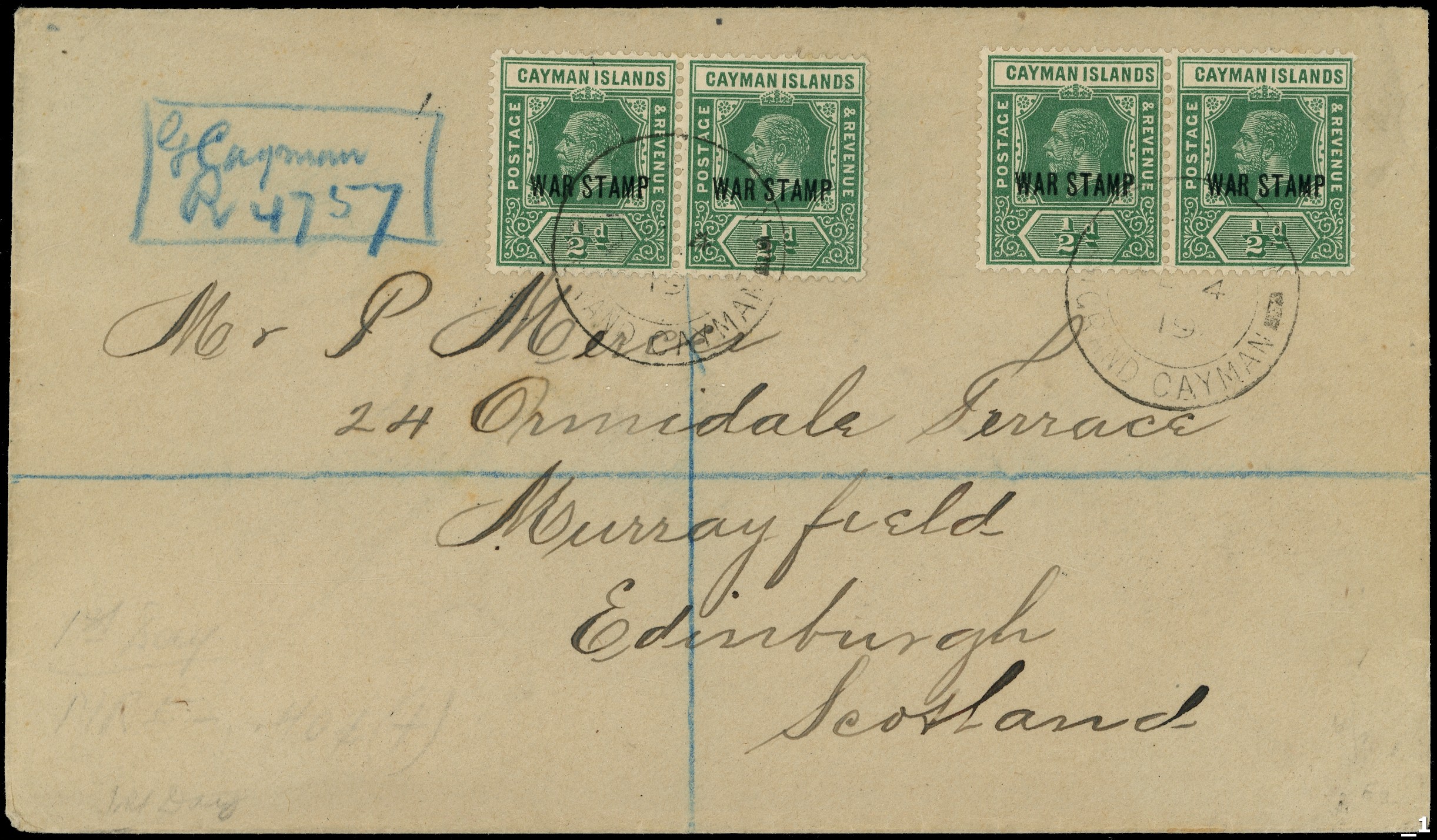 Caymans 1919 cover with rare registration...