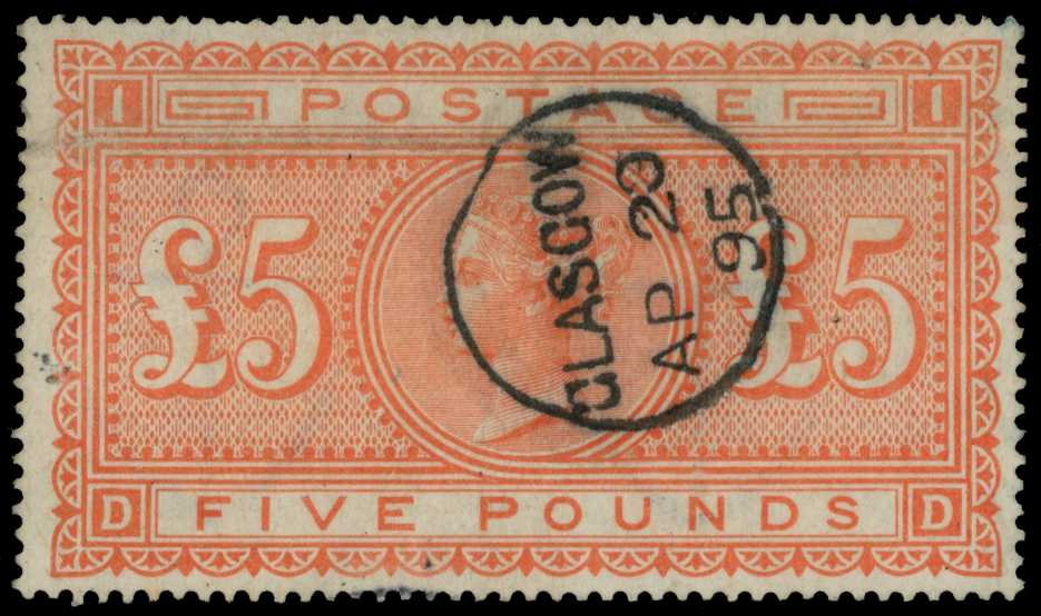 1867-83 QV £5 orange wmk Large Anchor,...