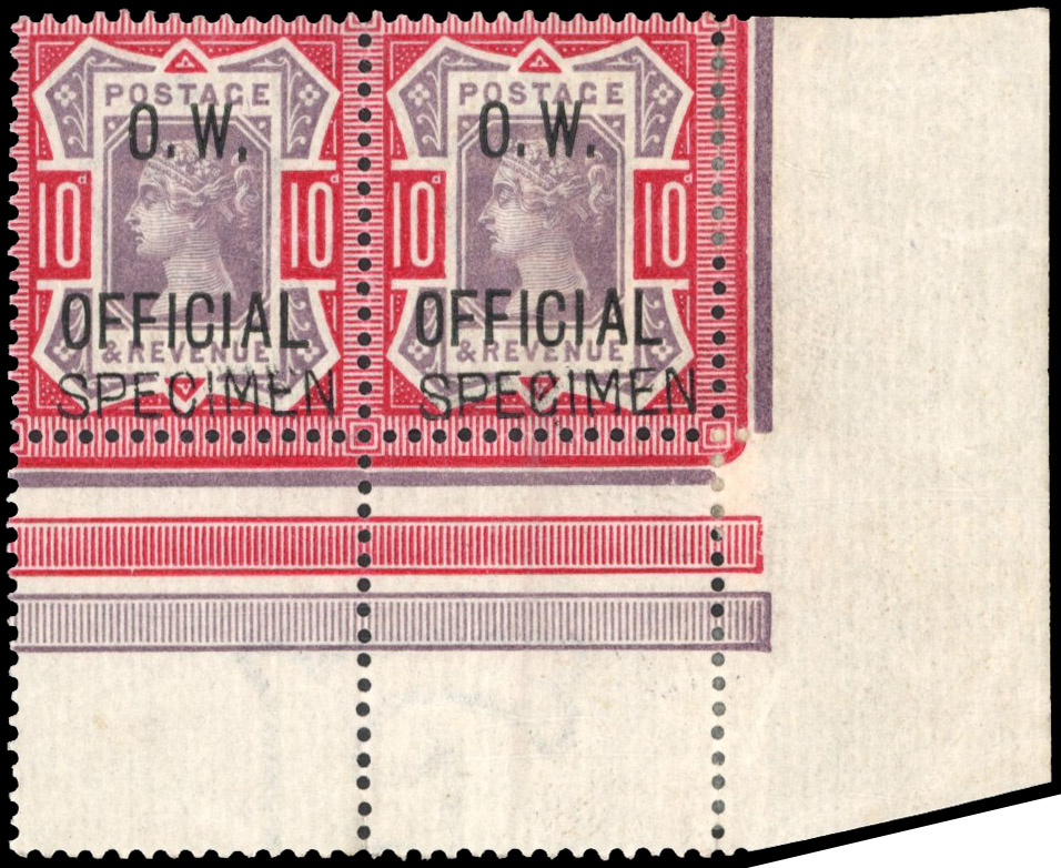 GB O. W. Official. 1896-02 10d dull purple and carmine SPECIMEN pair, SG O35s