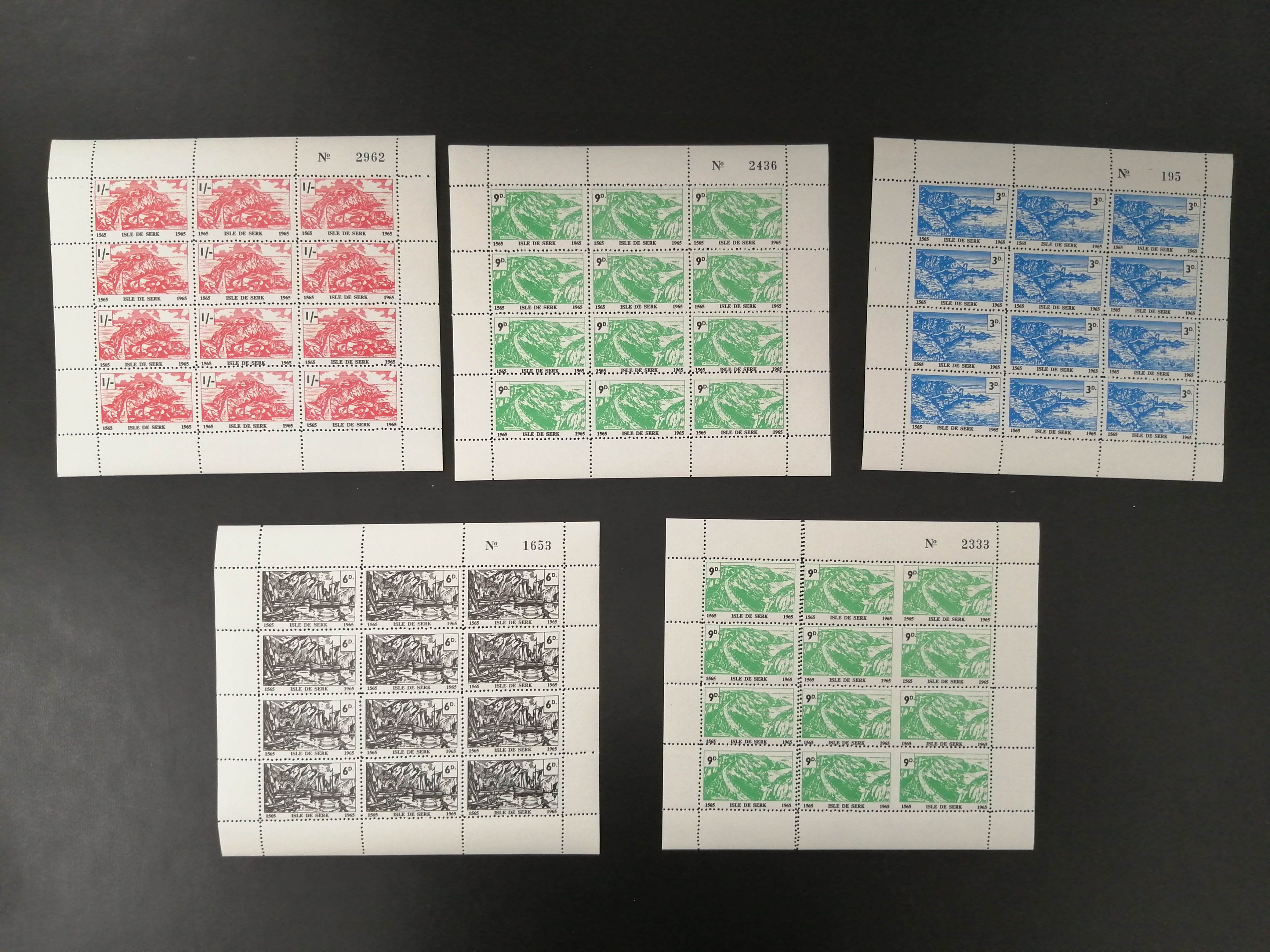 Sark: 1965 '400 Years' 3d, 6d, 9d and 1s complete sheets