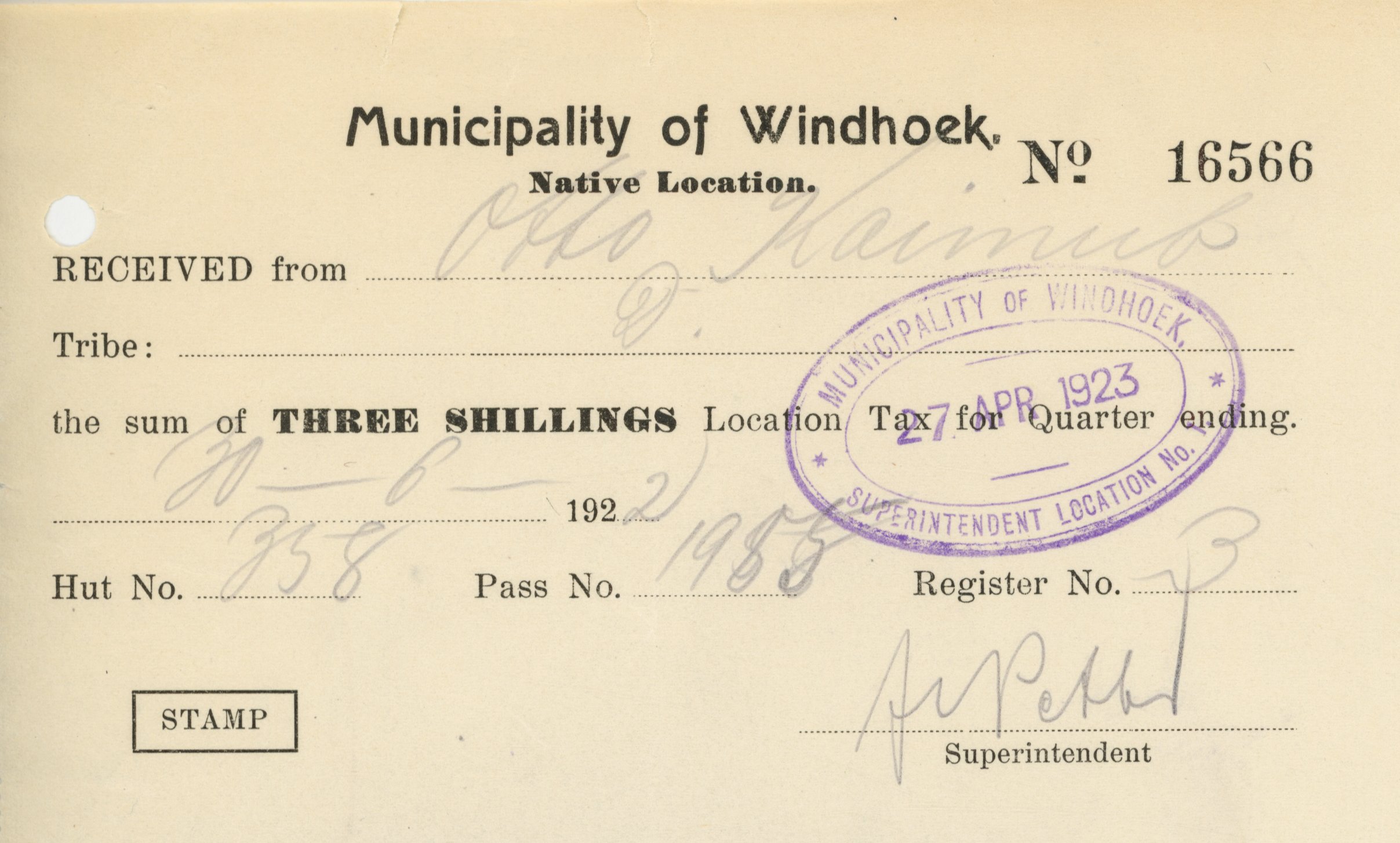 South West Africa. Windhoek (Hut Tax) and Luderitz (Siteholder and Lodger Tax). 1918-54 printed receipts