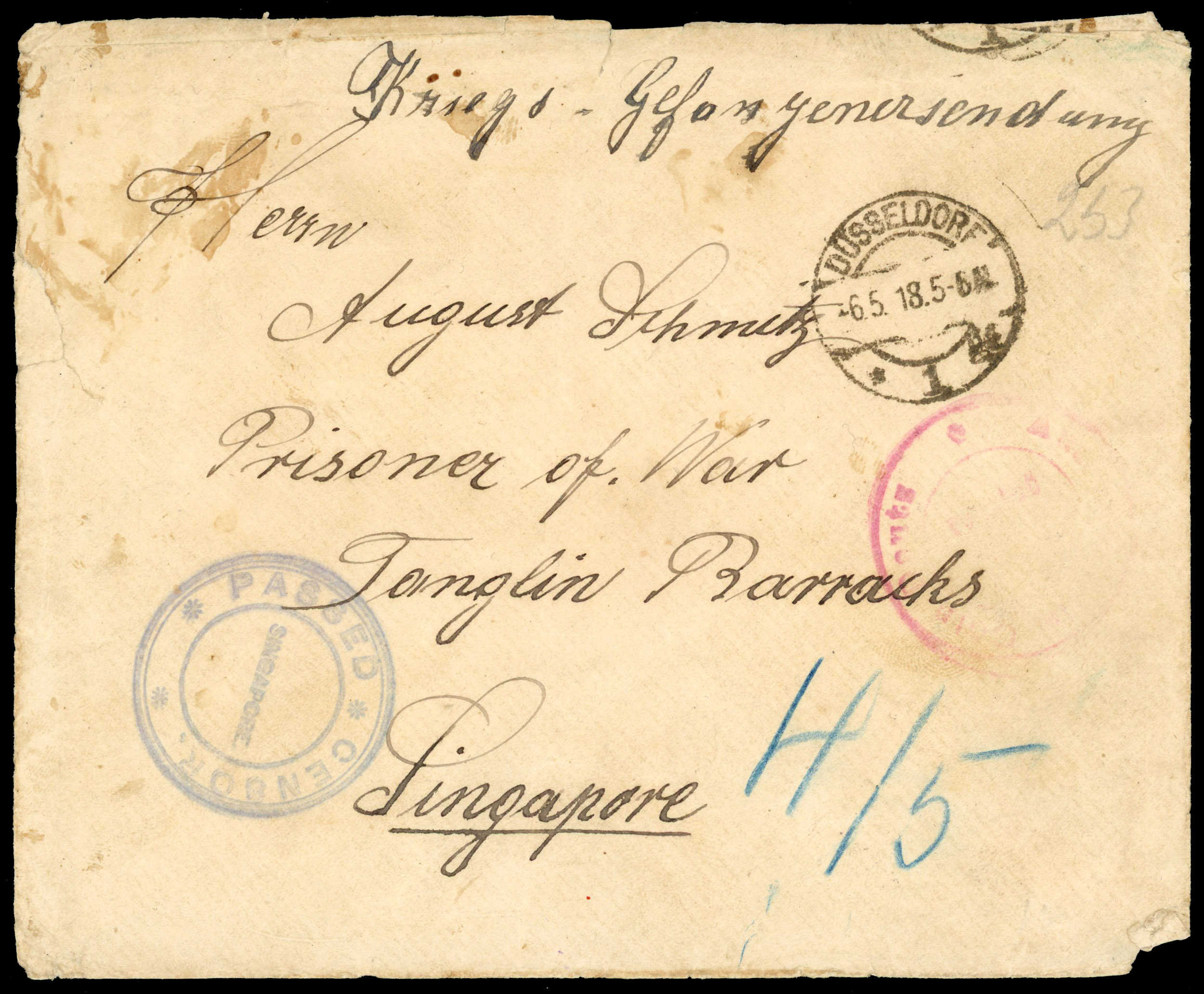 Singapore CENSOR LABEL 1918 cover from Germany addressed to a P.O.W. at Tanglin Barracks