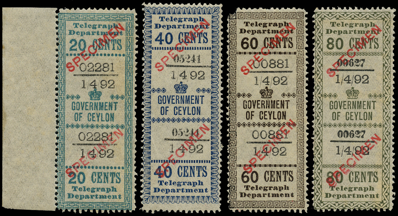 CEYLON 1882 SG T127, T128a, T129, T130a Specimen QV Telegraph stamps local issue set of 4 with sans-serif overprint in red