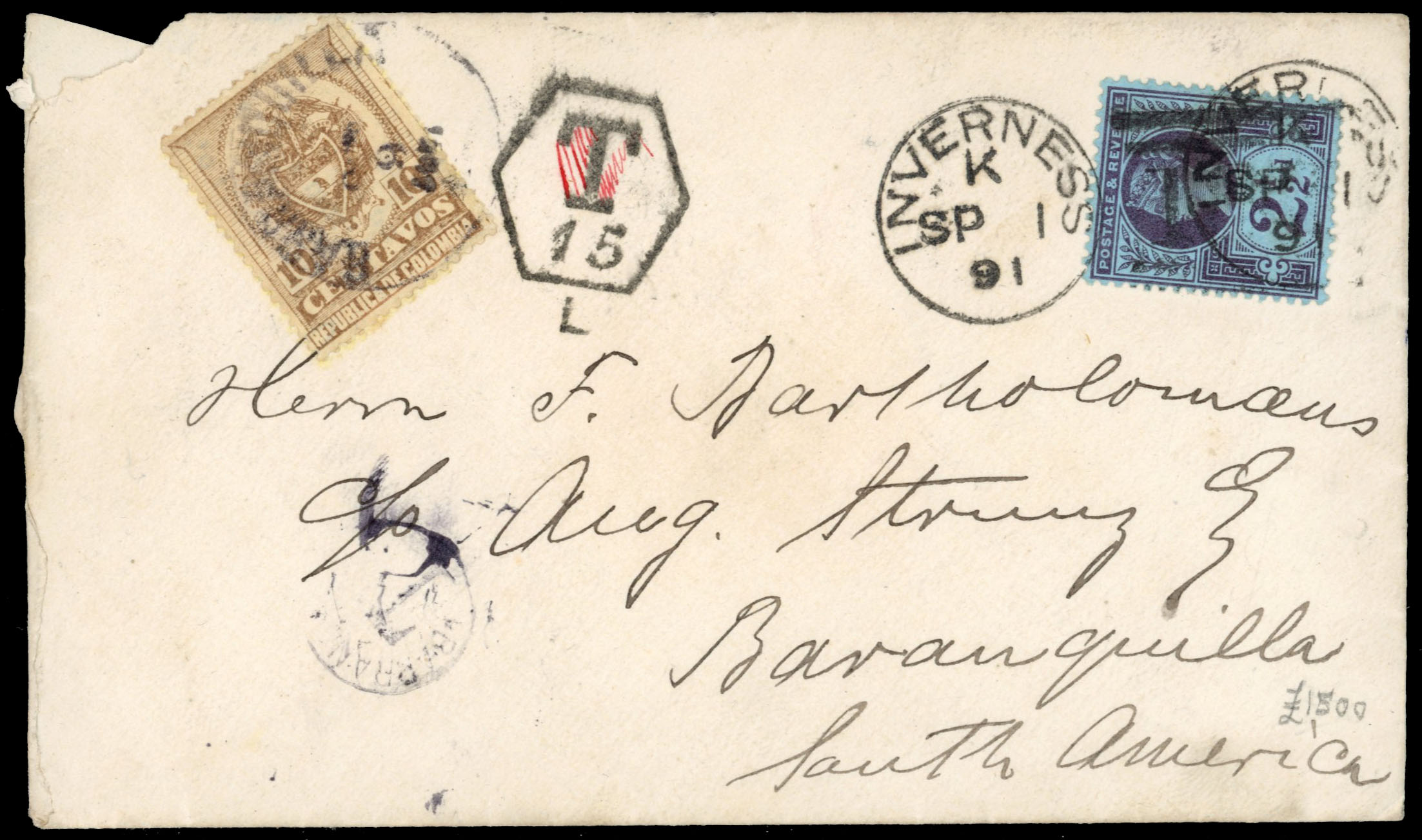 Colombia 1891 incoming GB cover with postage due