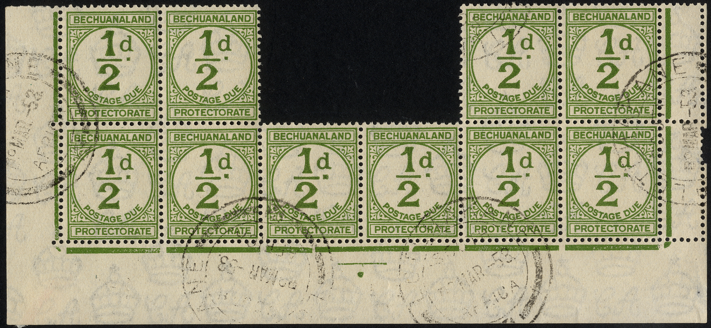 Postage Dues. 1944 ½d green on rough paper. Irregular block of ten, comprising R9/1-2, 5-6 and R10. The stamps with full...