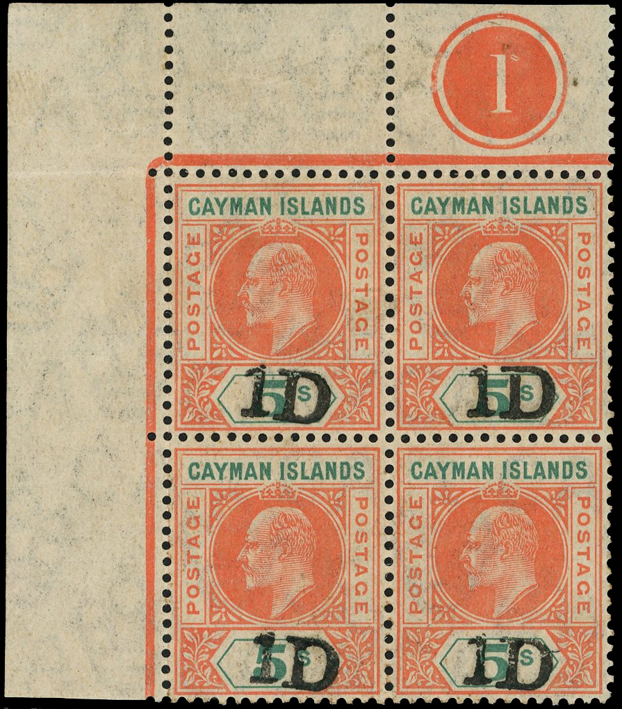 Cayman Islands 1907 1D on 5/- plate block of four SG 19