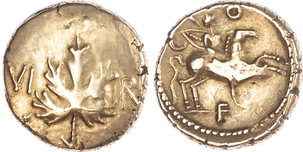 Atrebates & Regini, Verica (c. AD 10-40) AV Stater, ‘Vine Leaf’ type, 5.27g. VI-RI, large vine leaf. Rev. C-O-F, horseman