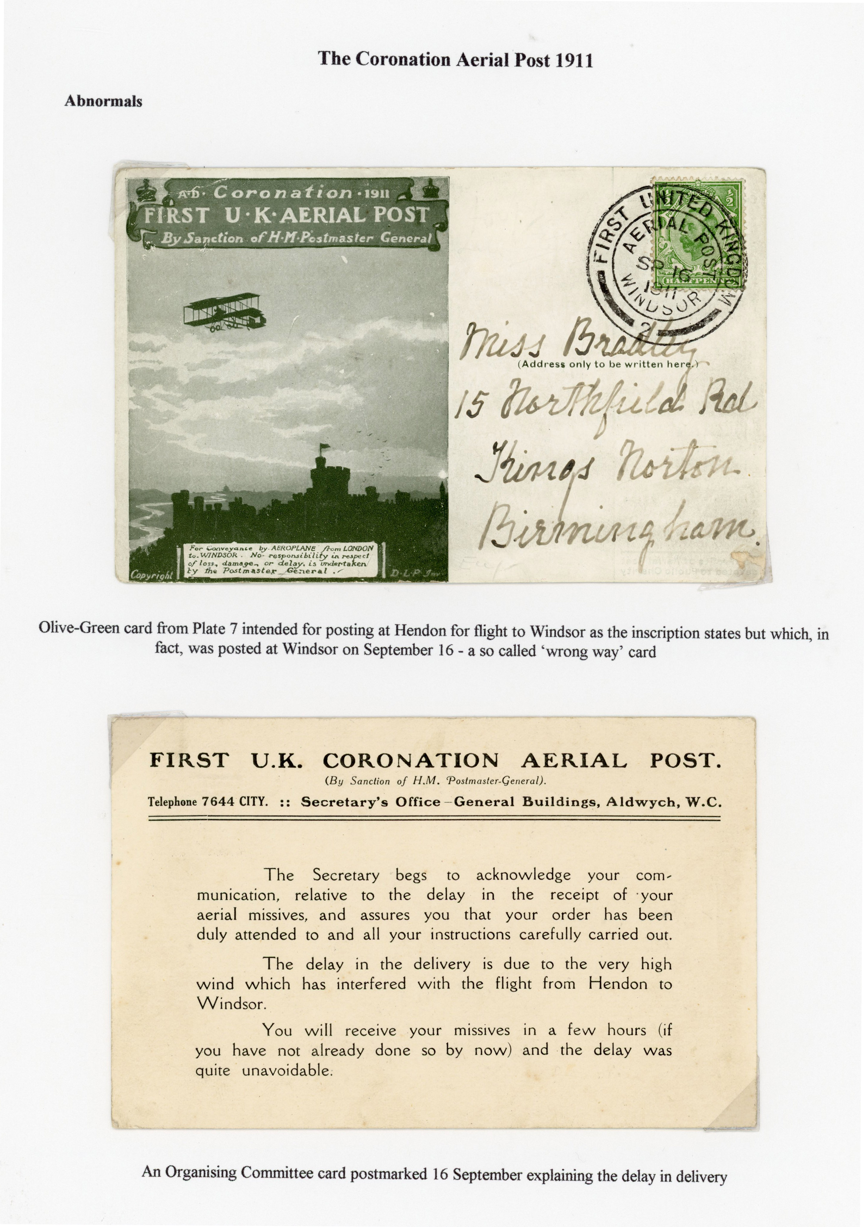GB 1911 FIRST UK AERIAL POST: Exceptional usages or varieties