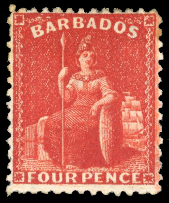 Barbados 1875-81 4d deep red, perf 12½, watermark inverted and reversed, SG 71y