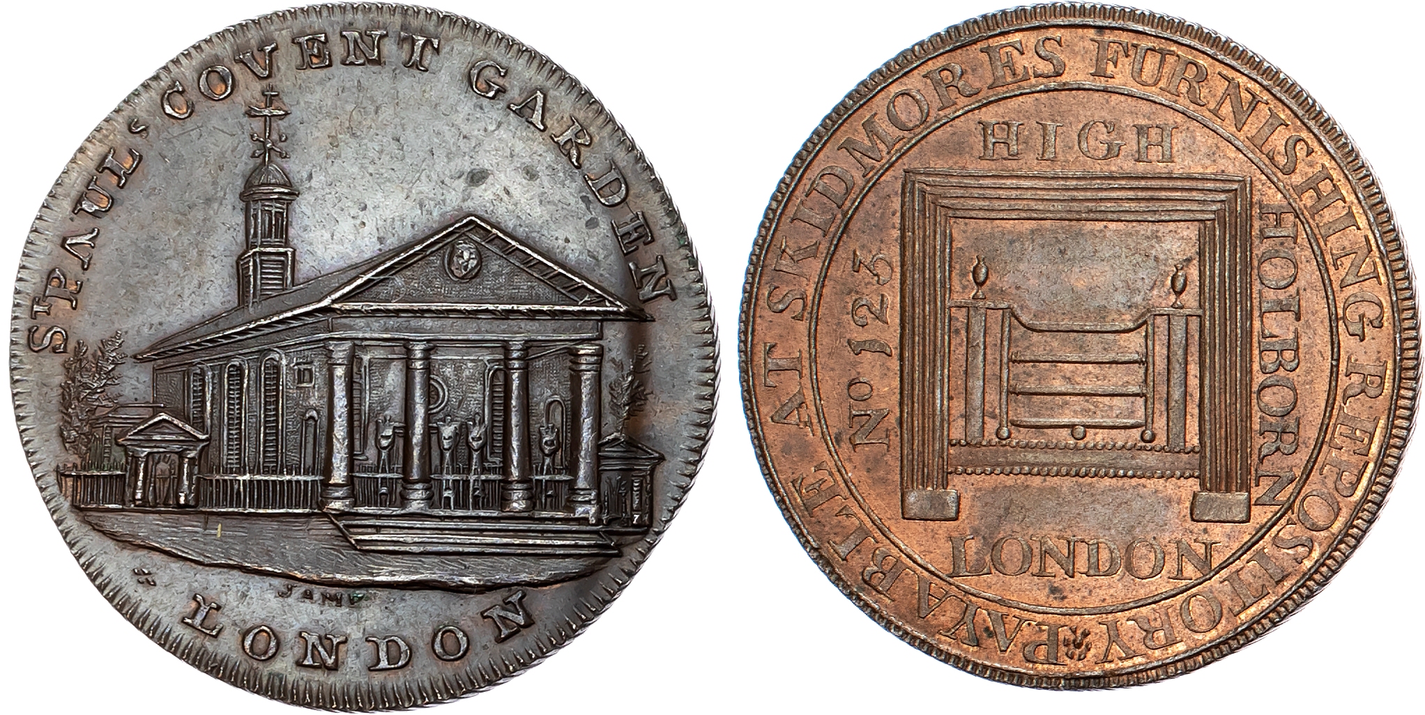 London,  High Holborn, Skidmore’s Halfpenny 1795, Register Stove, rev. Two men at forge, edge milled, 29.1mm/10.15gm. (D …