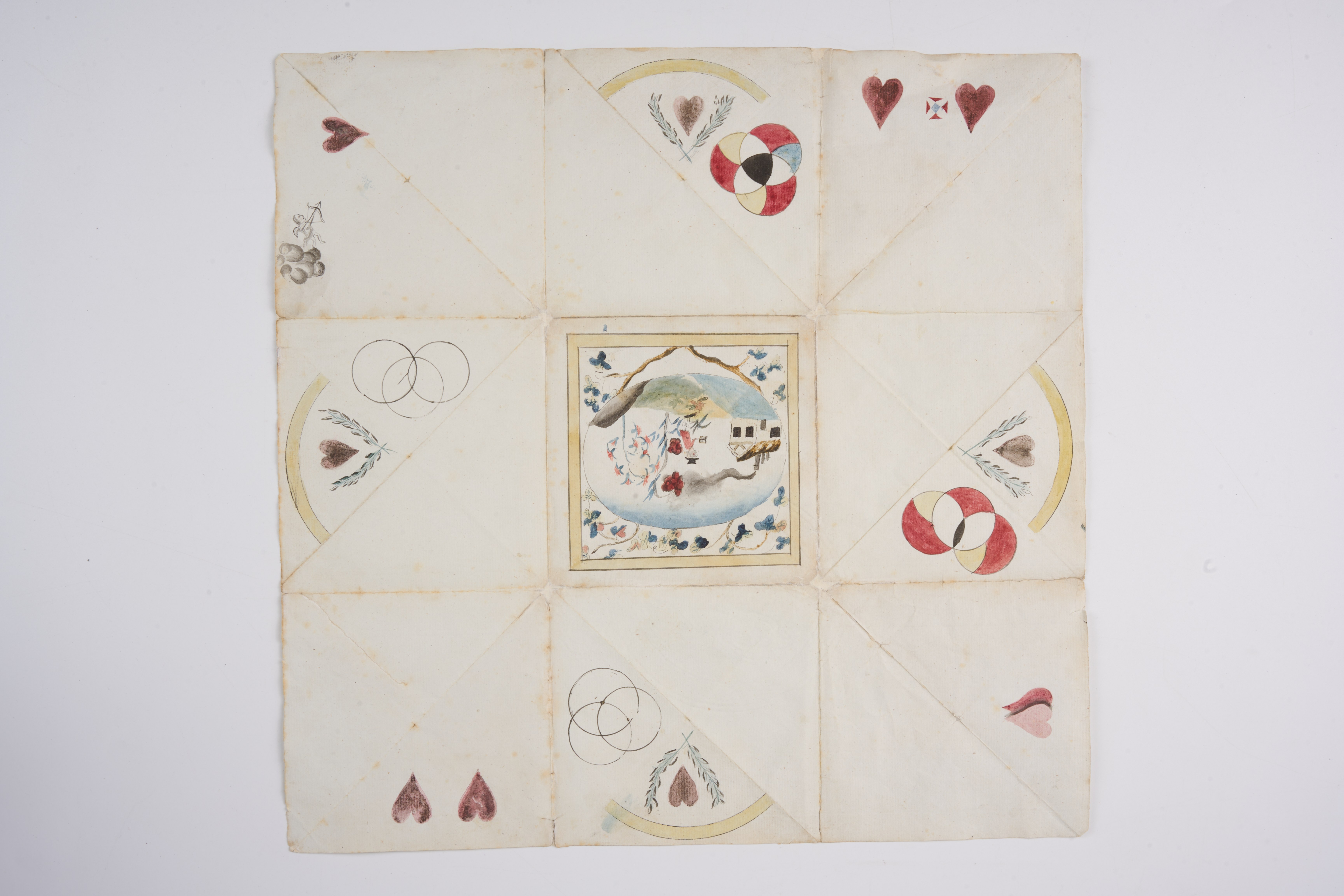 USA 1800 (c.) Puzzle Valentine (unfinished) central panel with a house on the riverbank, the panels with hearts
