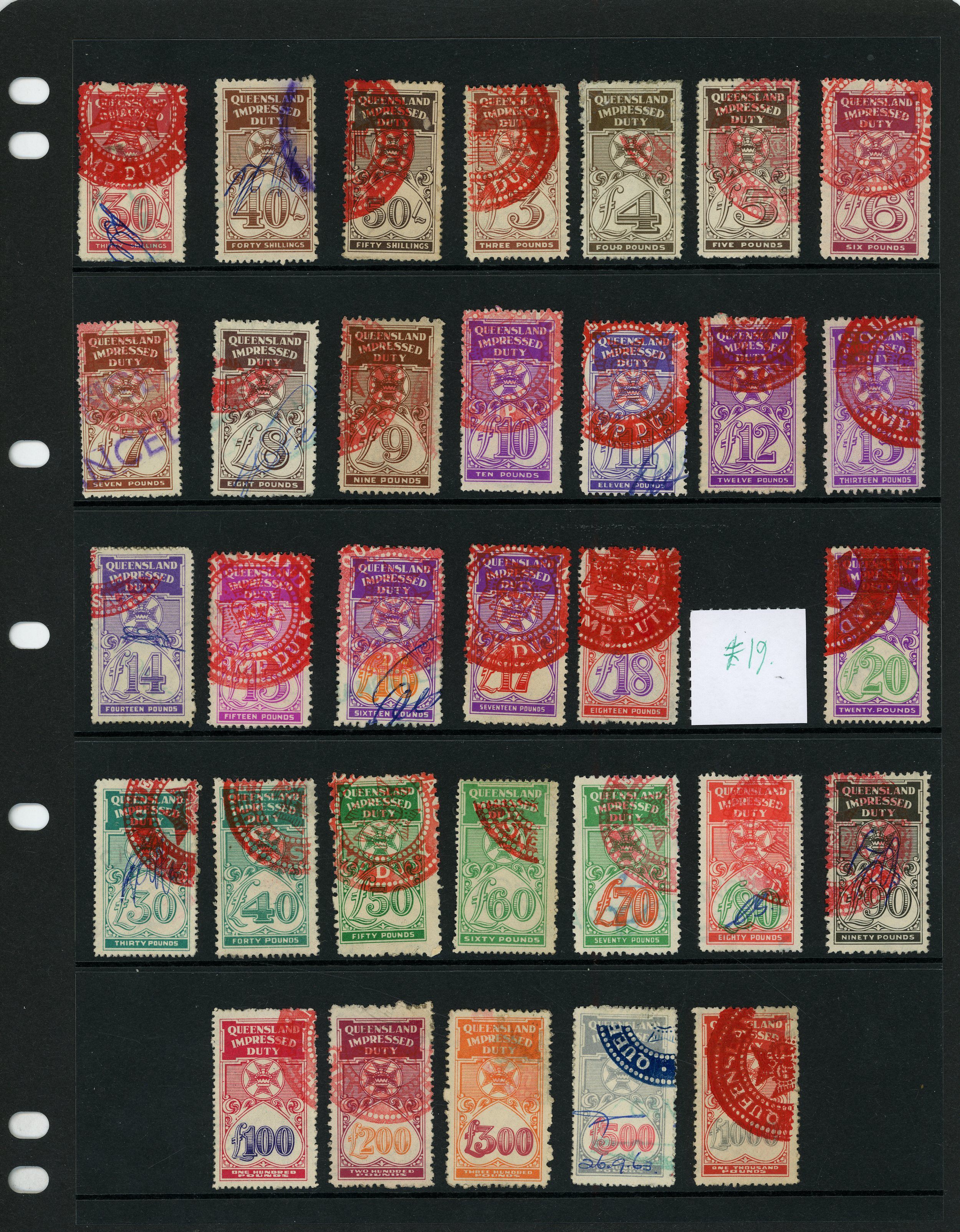 Queensland (Revenue) Impressed Duty Set of 67 to £1,000 Used