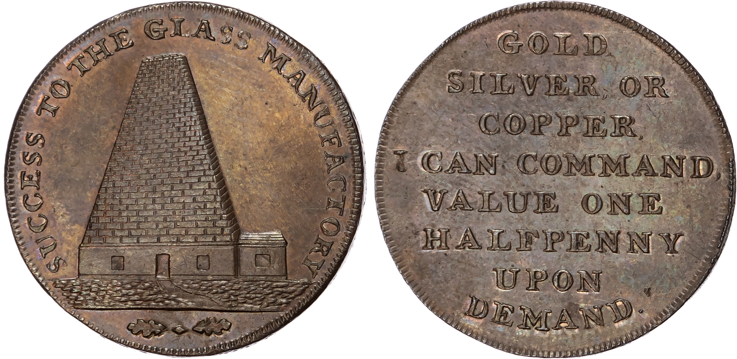 Som. Bristol , Kempson mule Halfpenny undated, View of glass works, rev. 8-line legend, edge I PROMISE TO PAY …