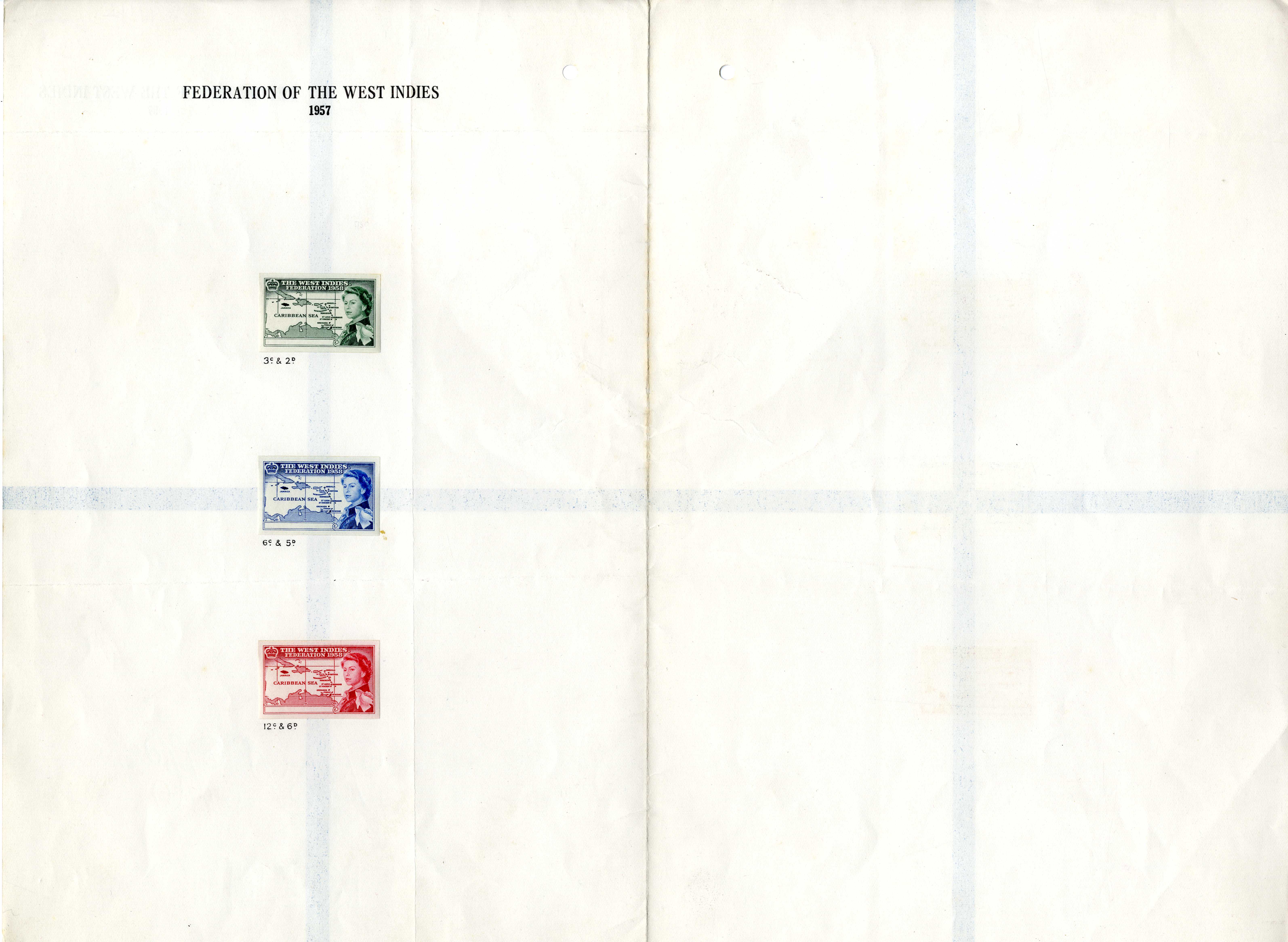 British West Indies 1958 British Caribbean Federation stamp-sized master die proofs in folder. 