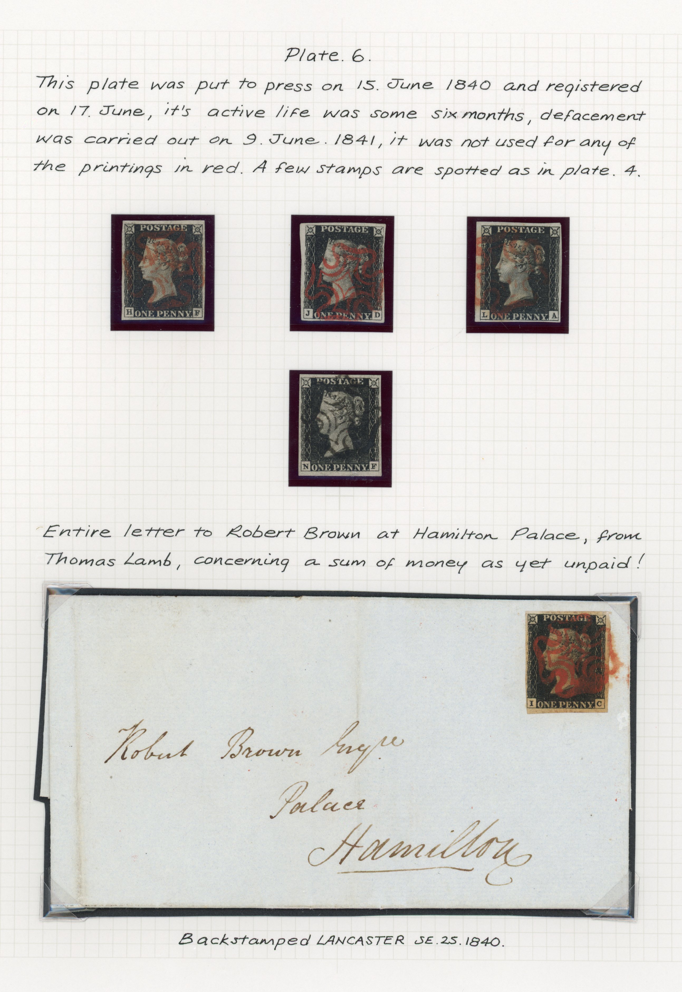 1840 1d Black Pl.6. Fine group of five adhesives