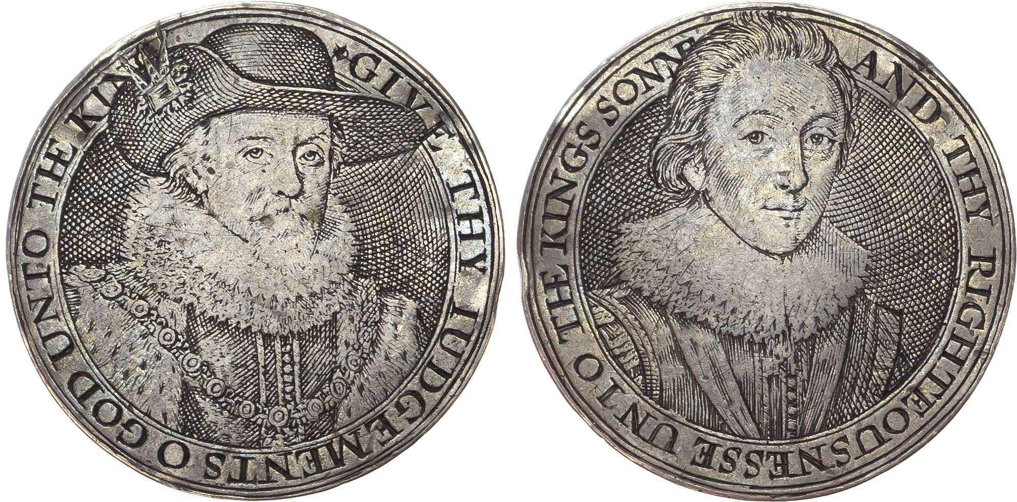 James I (1603-1625) and Prince Charles, silver counter (27mm/3.38gm), c. 1616-25, attributed to Simon de Passe.