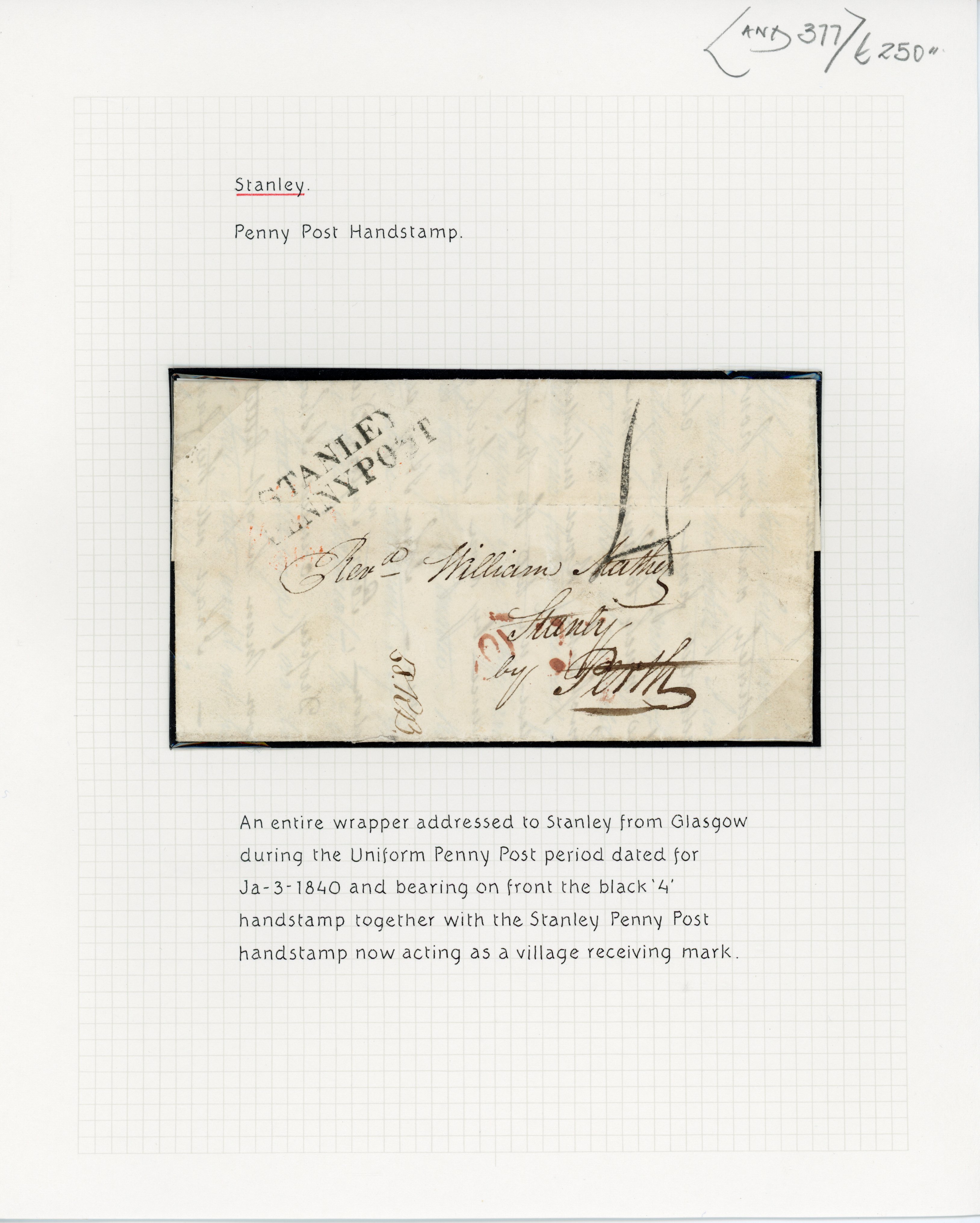 GB 1840 (JA 3) entire to Stanley with Glasgow "4"