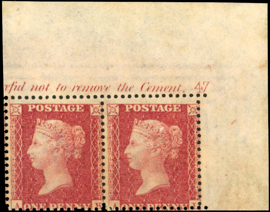 GB: 1857 1d rose-red, plate 47, mint unmounted og top right corner marginal pair (AK-AL)