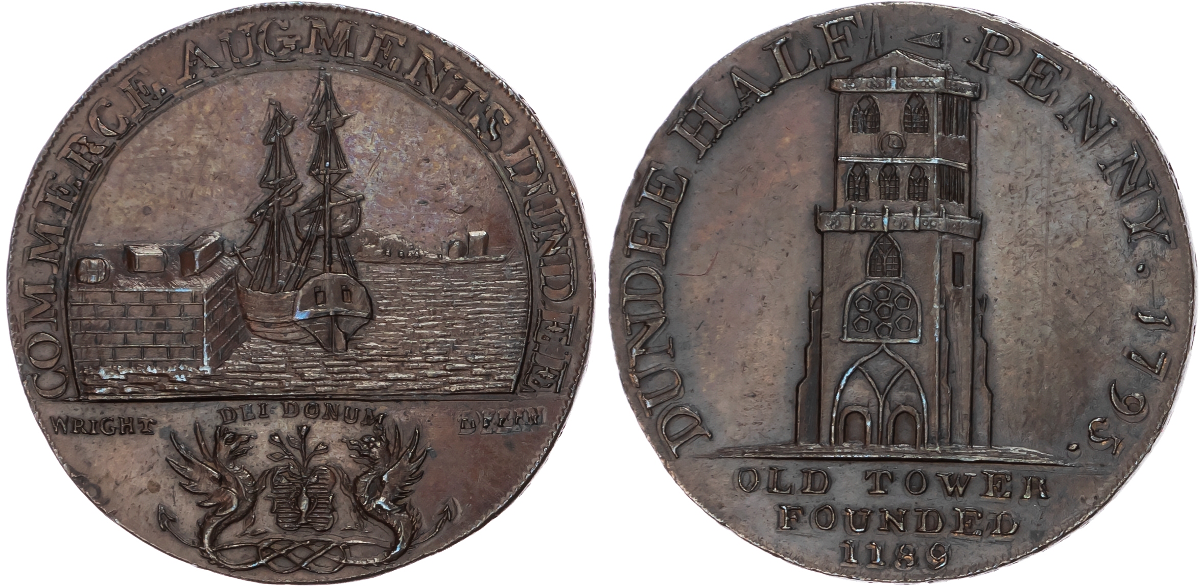 Angus. Dundee, Alexander Molison (unknown occupation), Wright's Halfpenny 1795, view of St. Mary’s Tower, rev.…
