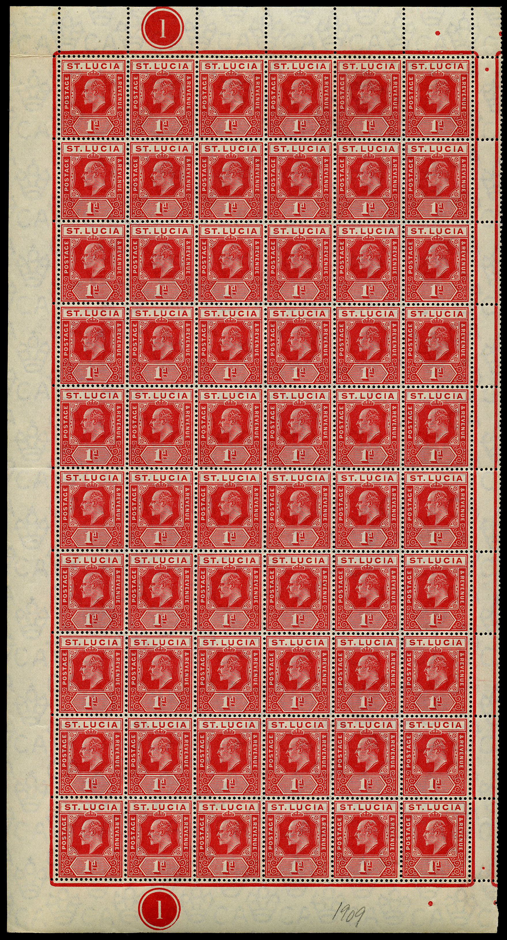 1907 1d carmine, watermark MCA, left pane...