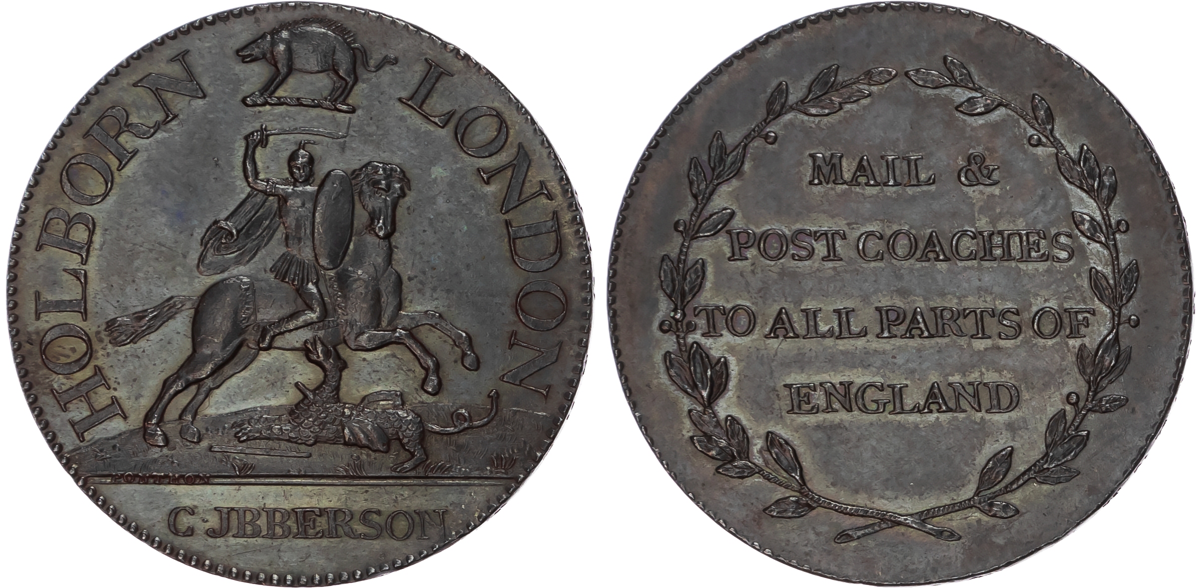 London, High Holborn , Christopher Ibberson Bronzed Halfpenny undated, St. George killing the dragon, boar abo…