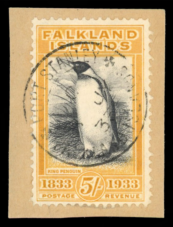 SG 136a 1933 Centenary 5/- black and yellow-orange used