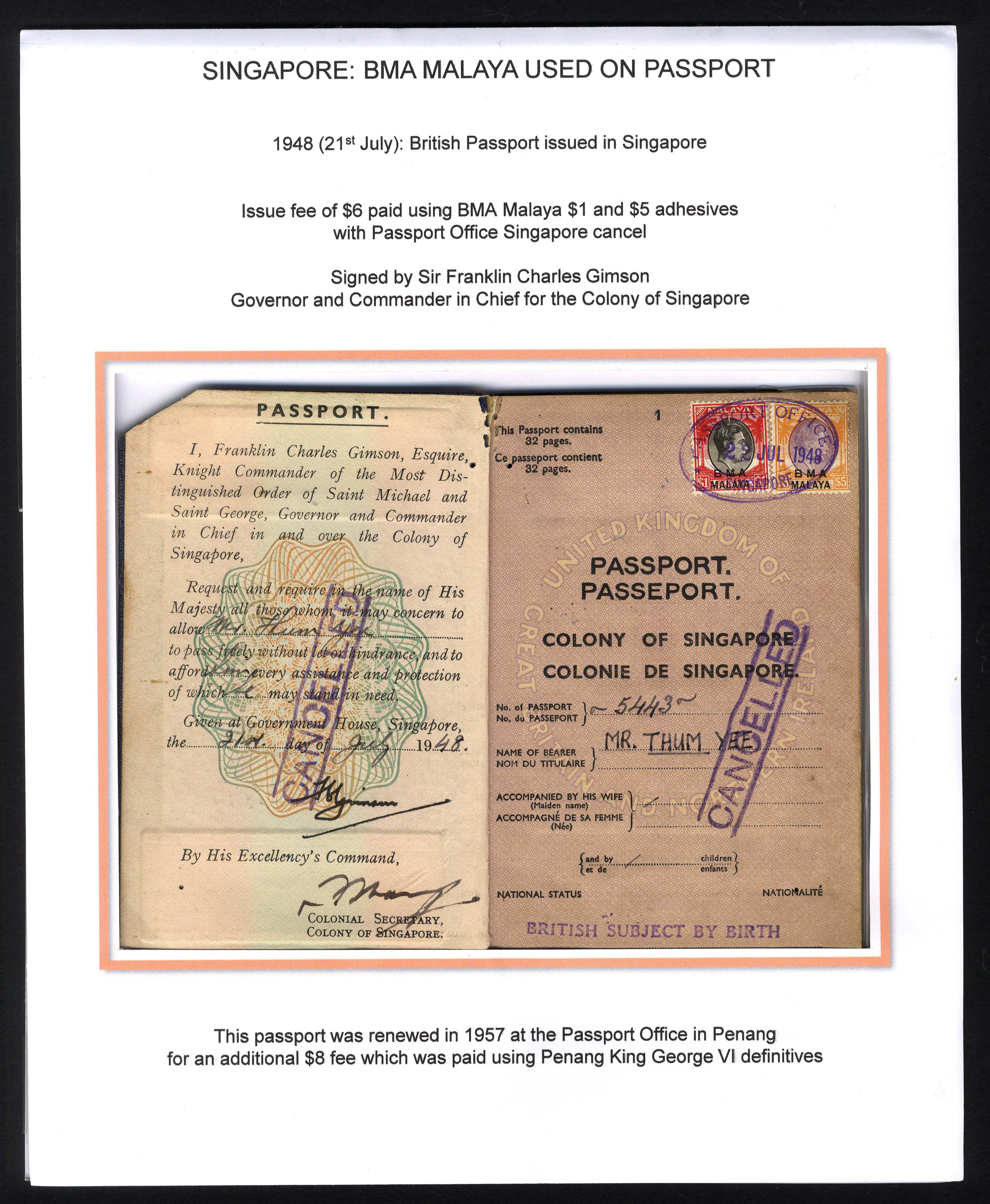 Singapore Revenue use of postage stamps 1948 passport