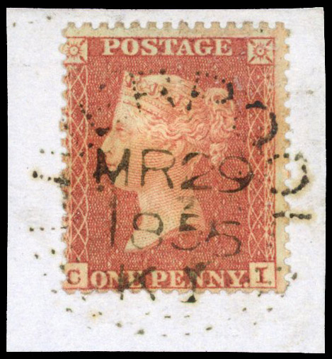 1855 1d Red-brown Pl.13. C6 Liverpool dotted experimental pin cancel