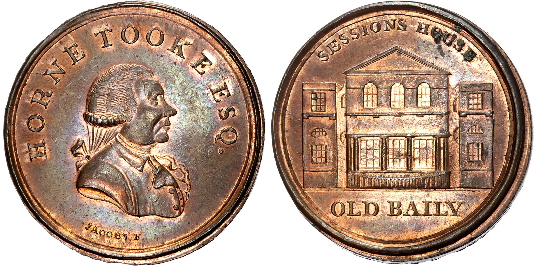 London, High Holborn, Thomas Spence Halfpenny undated, Draped bust right of the democrat John Horne-Tooke, rev. Façade o …