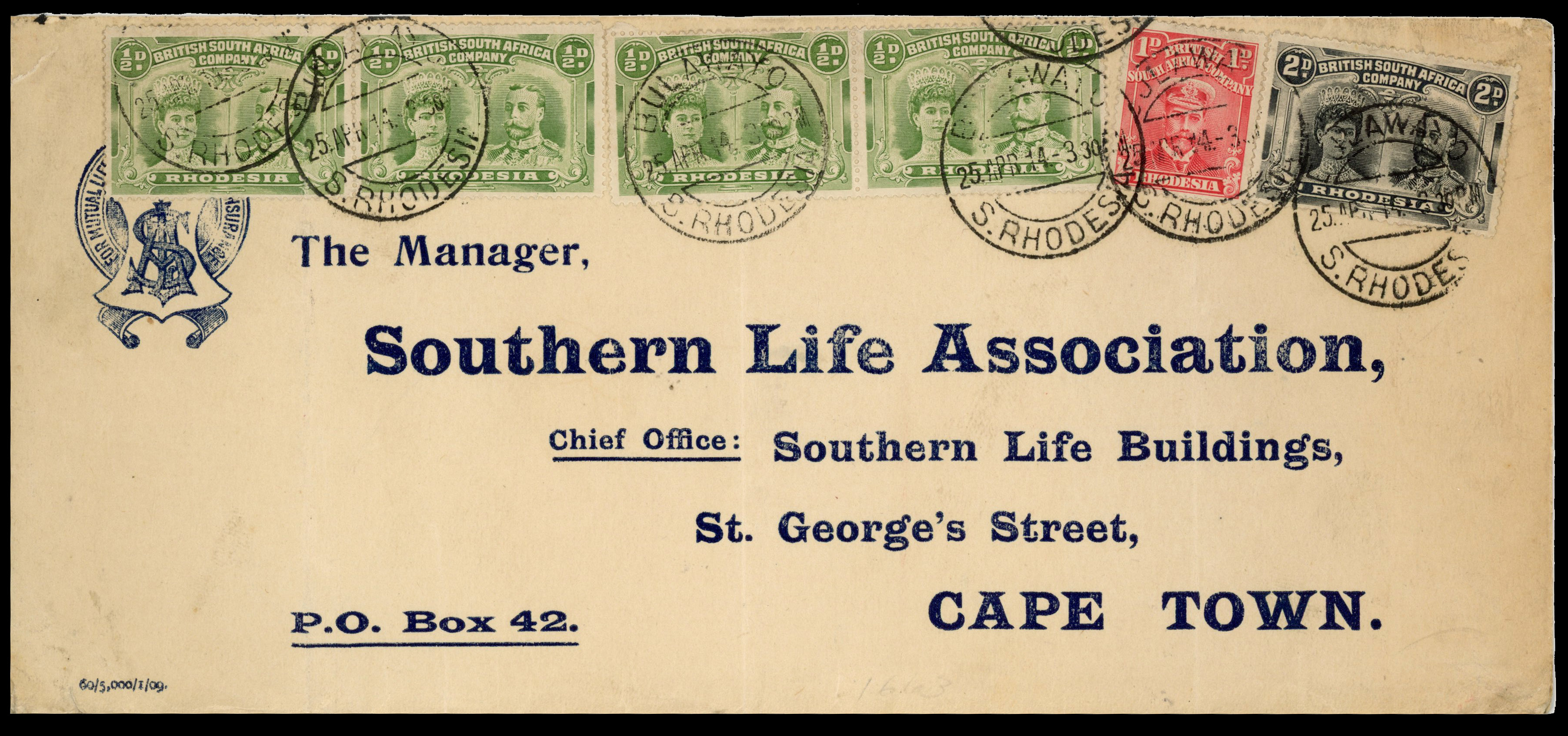 Rhodesia 1914 cover with Double Head ½d (4) and 2d