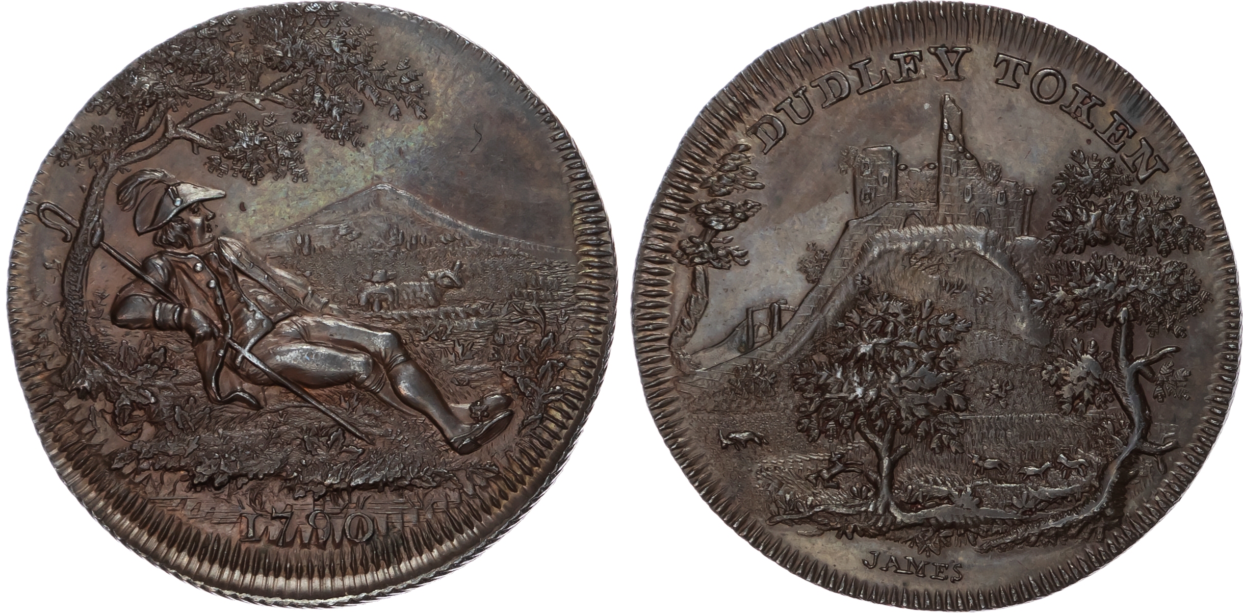 Worcs. Dudley , Spence’s Halfpenny 1790, Distant view of Dudley Castle, rev. Shepherd lying under tree, edge d…