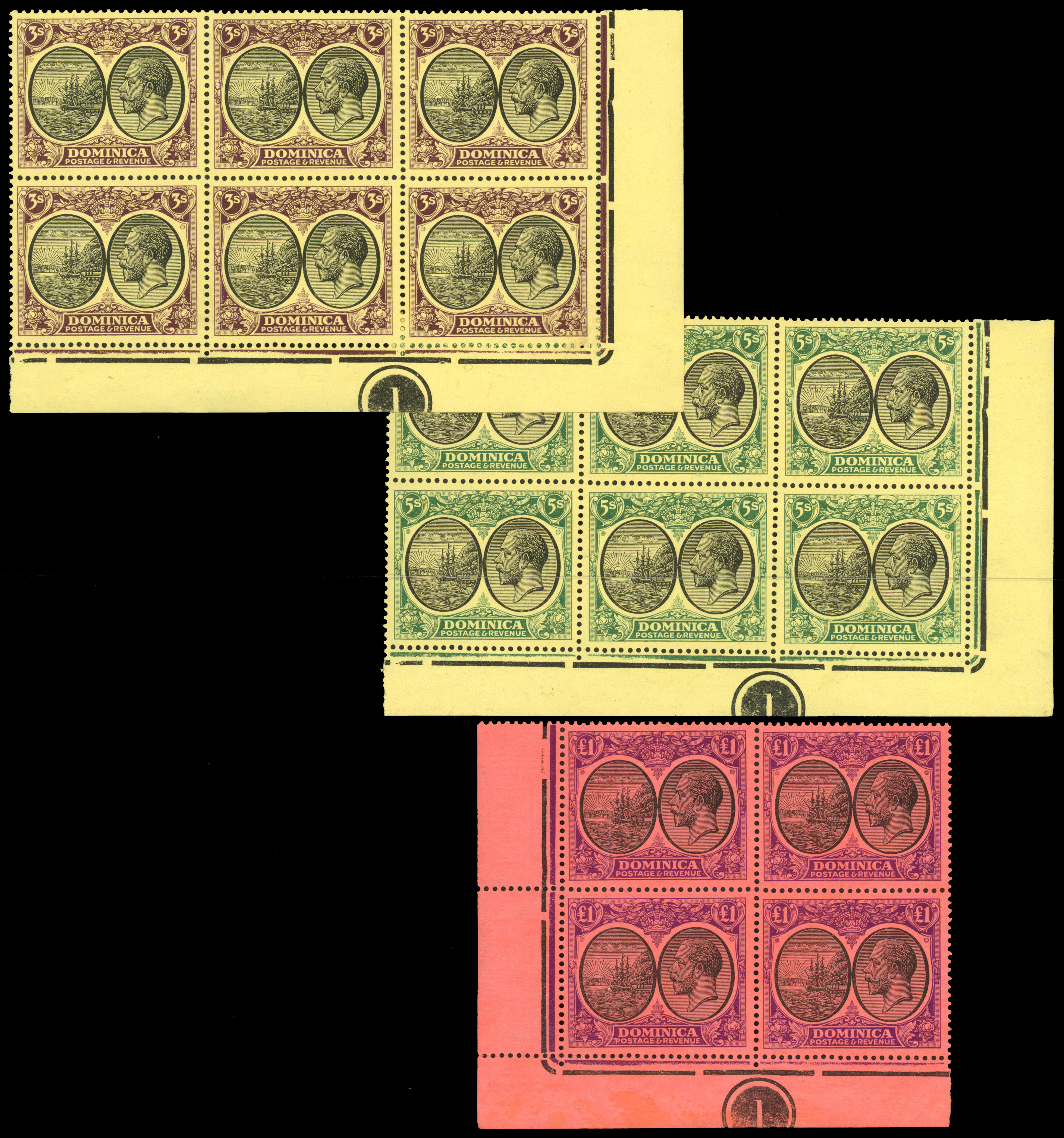 Dominica 1923-33 wmk MCA 3s, 5s, £1 plate blocks