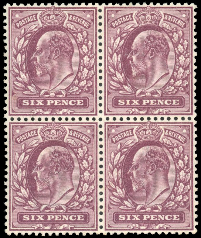 GB 1911-13 Somerset House 6d reddish purple (fluorescent ink), unmounted mint block of four in a remarkable deep shade