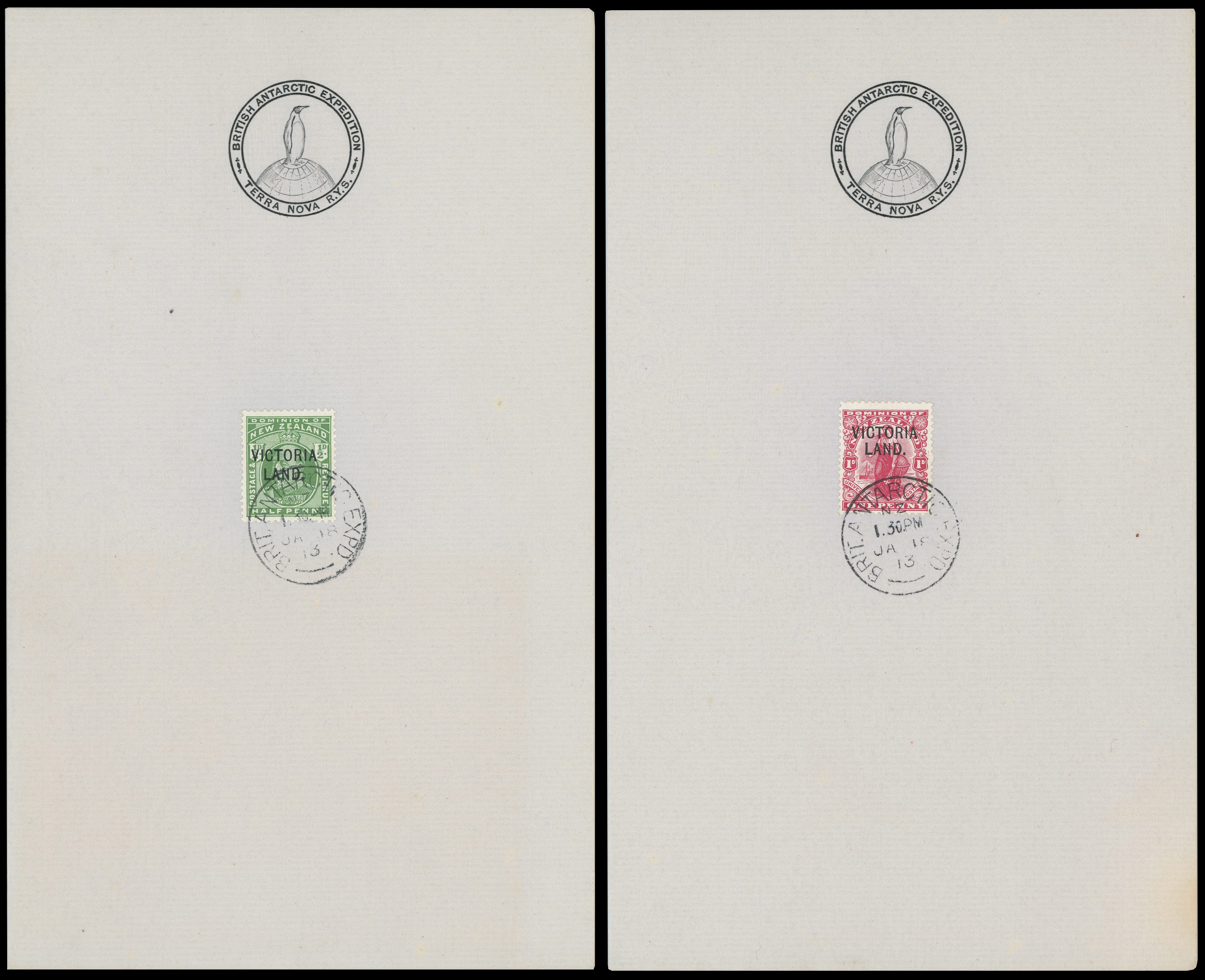 'Terra Nova' Expedition Victoria Land ½d, 1d tied to official sheets