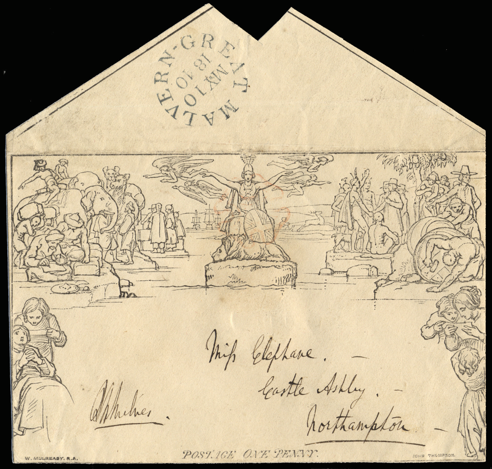 GB 1840 1d Mulready envelope used on May 10th, the first Sunday