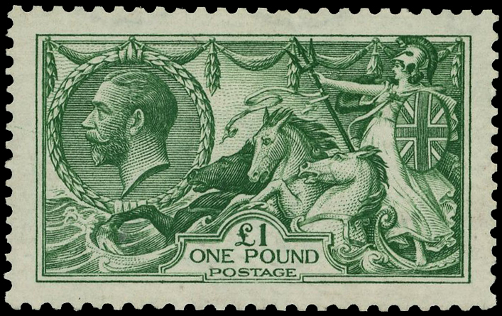 1913 Waterlow ‘Seahorse’ £1 green, fresh large part og