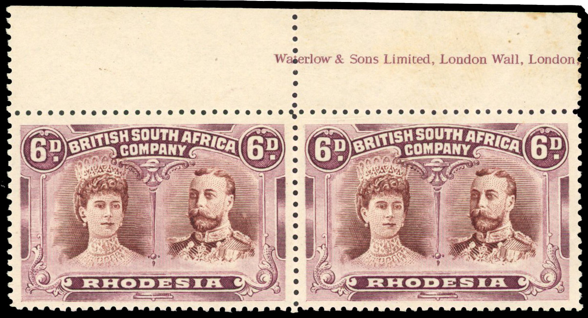 RSC A 6d chocolate and deep rose-lilac imprint pair, #2 Long Gash in Queen's ear, mint