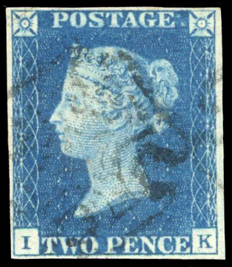 1840 2d blue (IK) four margins, cancelled by light MC in black SG 5